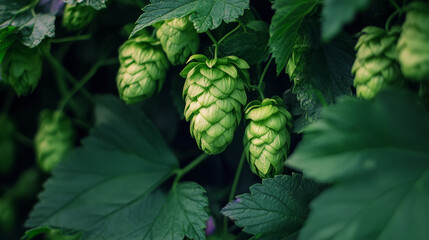 Fototapeta premium Vibrant green hop cones hang from lush vines in a garden, showcasing the beauty of the plant. The scene captures the essence of summer, highlighting the plants' growth and natural surroundings
