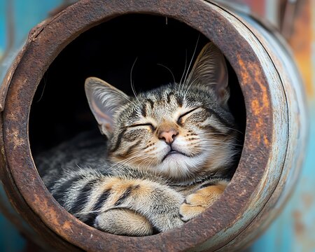 Sleepy tabby cat nestled in rusty metal pipe
