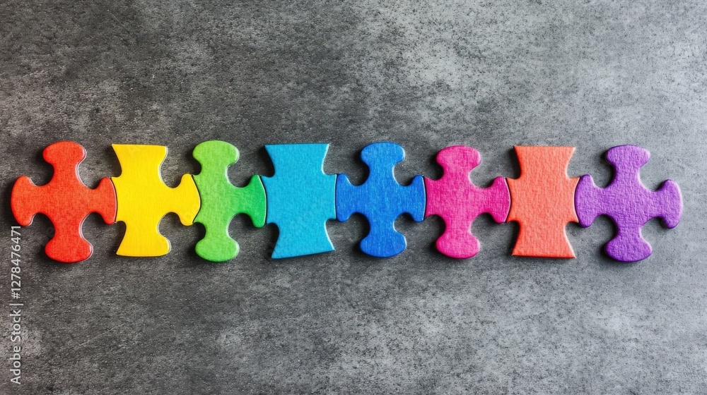 Poster colorful puzzle pieces arranged in a line on a textured gray background, symbolizing unity