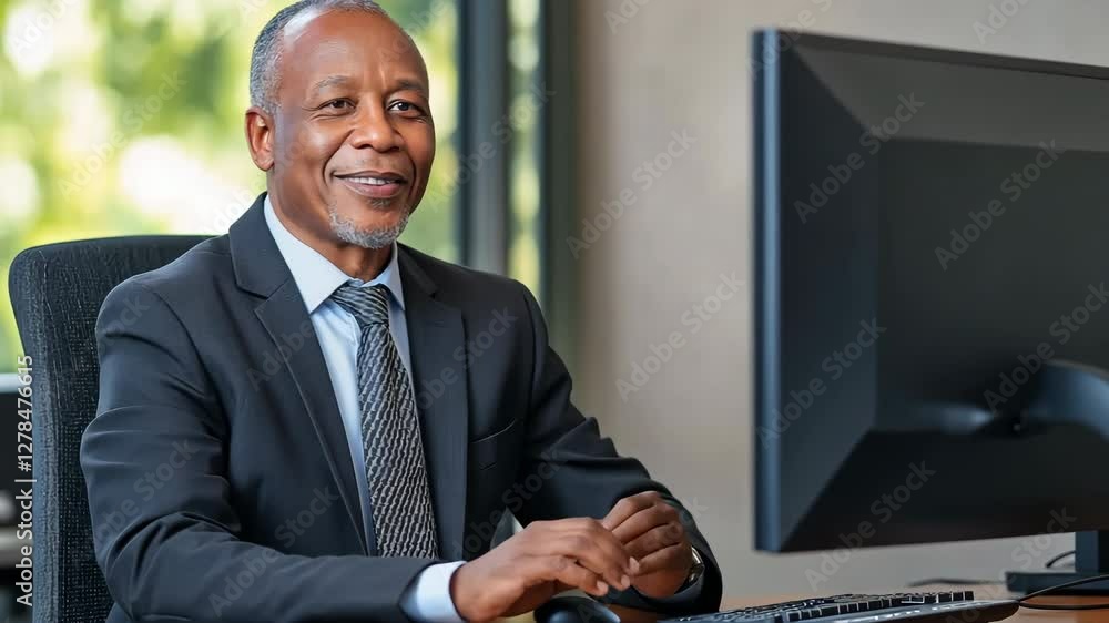 Poster a man in a suit is sitting at a desk with a keyboard and a computer monitor