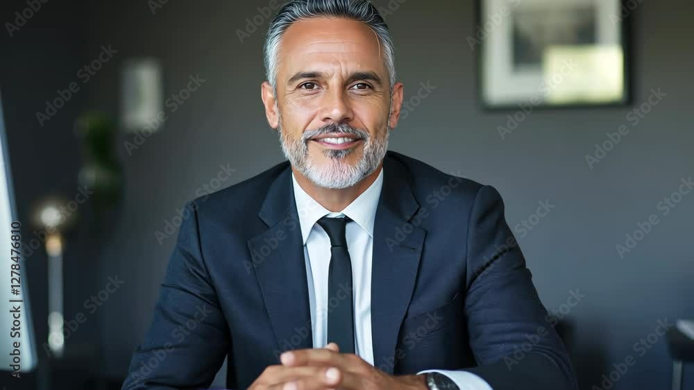 Poster a man in a suit and tie is sitting at a desk in front of a computer monitor