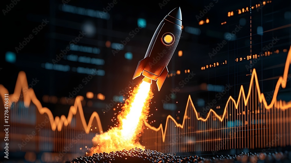Poster rocket blasting off from financial graph metaphor for rising profits and economic growth digital ana