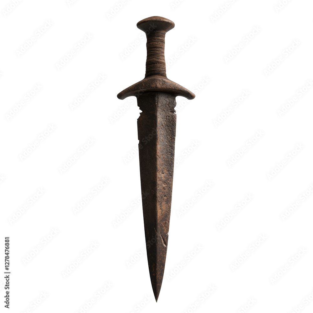 Poster ancient rusty iron dagger with wooden handle and sharp blade design
