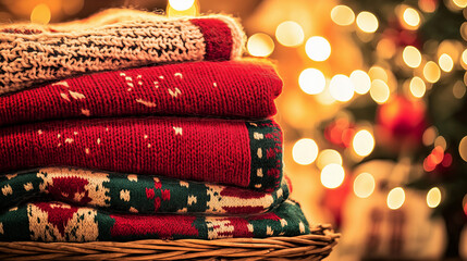 Festively folded sweaters stacked in a basket with Christmas lights in the background