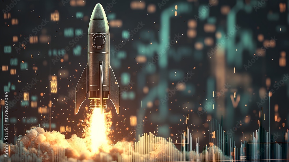 Poster rocket blasting off from a dynamic financial graph symbolizing the metaphor for rising profits surgi
