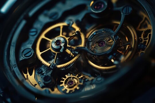 intricate macro photography of vintage watch mechanism, showing detailed brass gears and complex mechanical patterns
