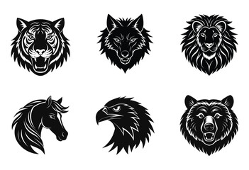 Vector set of animals head silhouette on white background