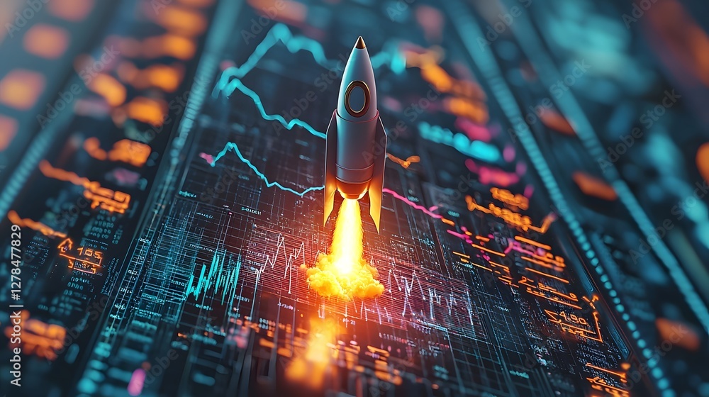 Poster futuristic rocket blasting off from a dynamic financial graph representing the metaphorical rise of 