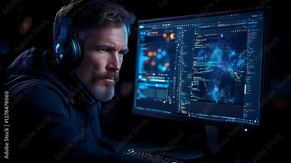 Poster focused developer working at night with digital code on the screen and headphones on