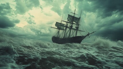 Obraz premium Old sailing ship battling stormy ocean waves.