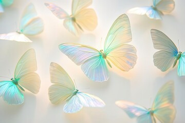 iridescent butterflies in flight creating a delicate pattern against pearl-white background, wings catching prismatic light