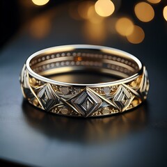 A stylish bracelet with an elegant design, crafted from gold and silver, featuring intricate details and a polished finish, set against a soft, blurred background