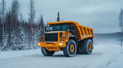 Powerful Heavy-Duty Dumper Truck Traversing Icy Winter Terrain in a Snowy Forest Landscape