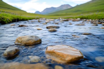 Mountain stream flows, rocks, clear water, valley backdrop, nature scene