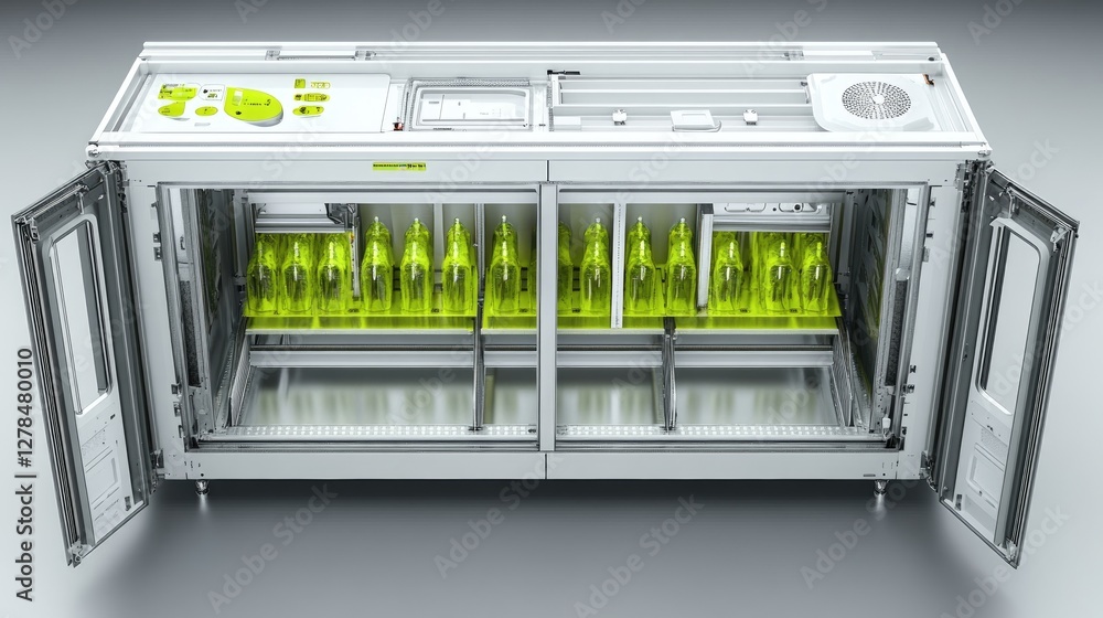 Poster top-down view of a bottle washing system with built-in filtration and multi-stage cleaning.