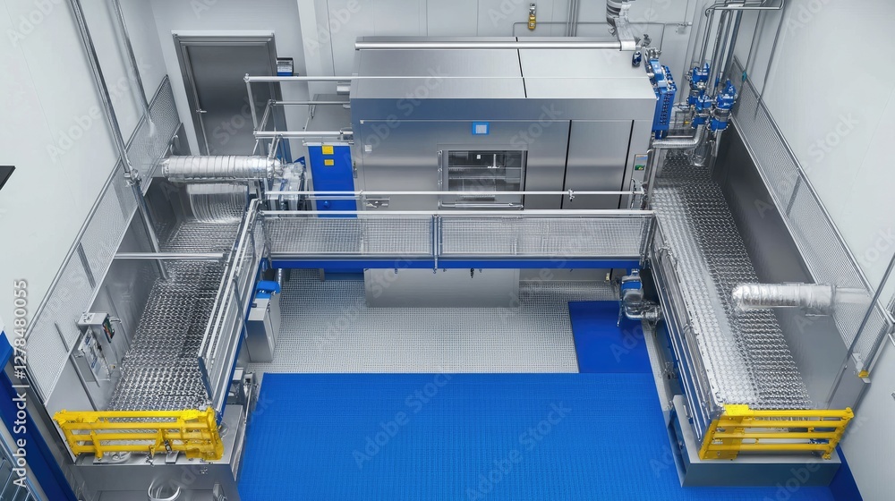 Poster top-down view of a bottle washing system with built-in filtration and multi-stage cleaning.