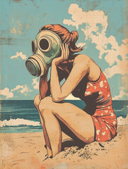 girl in gas mask and swimsuit on the beach pinup style