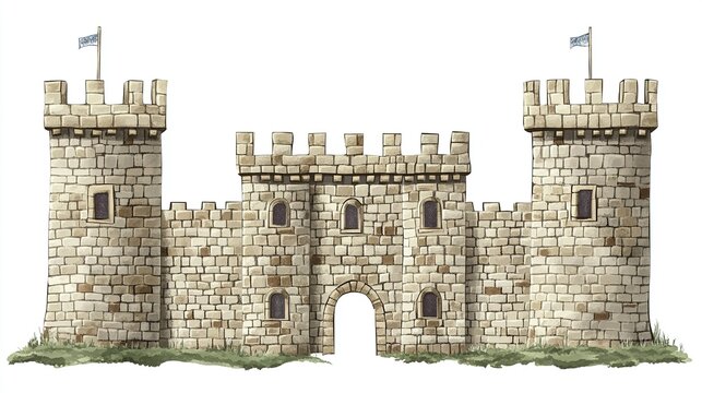 Watercolor Clipart, White background, ultra-detailed, hyper-realistic medieval castle gate with towers on each side and a small flag, in a beige color palette.