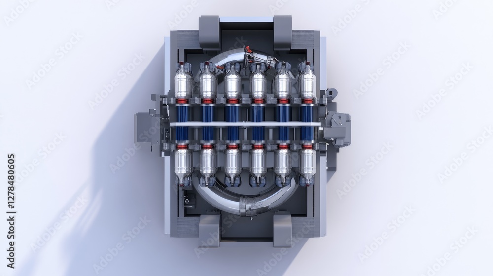 Aufkleber top-down view of a multi-stage bottle cleaning machine with self-cleaning function.