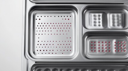 Top-down view of a tray washing system with modular compartments for washing, rinsing, and drying.