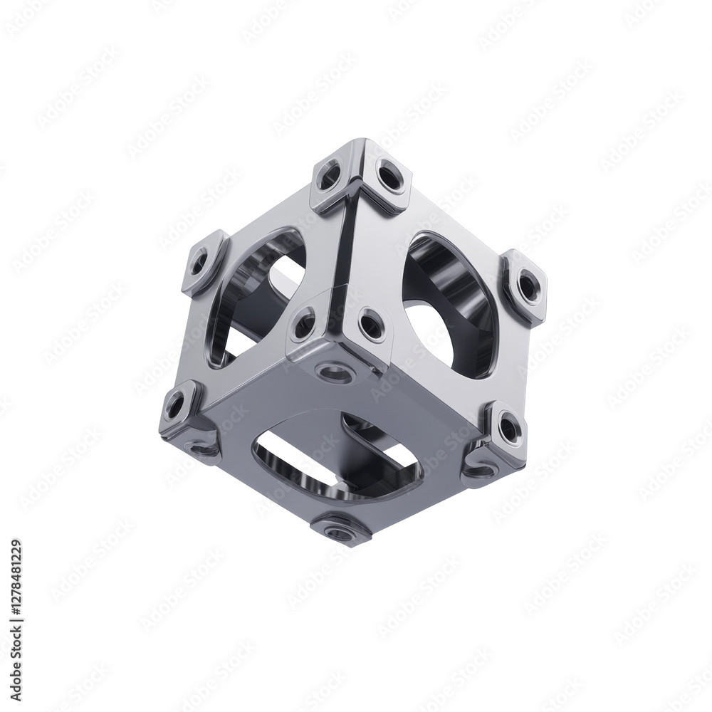 Poster metallic cubic object with geometric openings and bolt details on each corner
