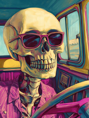 skull head bus driver in sunglasses