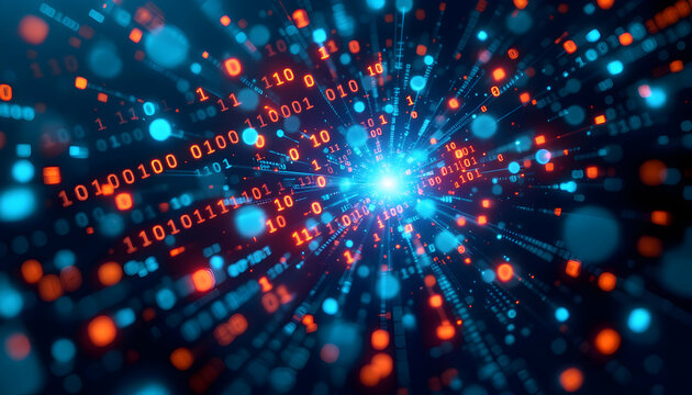 Futuristic data stream with binary code and vibrant glowing elements