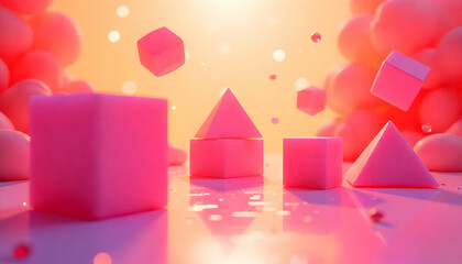 Geometric composition with pink pyramids and cubes against a warm backdrop