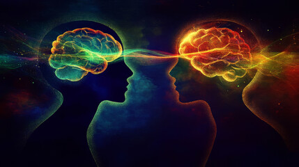 Obraz premium Two human profiles with glowing brains and energy connections, symbolizing intelligence, telepathy, neuroscience, and the exchange of ideas