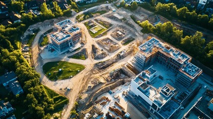 A suburban office park under construction with landscaped gardens and eco-friendly structures