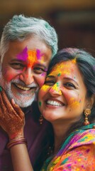 Obraz premium Happy Indian Couple Celebrating Holi Festival with Color Powder (Gulal) Photo.Fictional Character Created By Generative AI