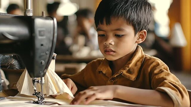 Child laborer sewing in sweatshop under harsh conditions