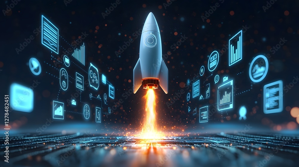 Poster futuristic rocket soaring upward surrounded by a dynamic array of holographic business icons represe