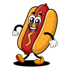 Vector illustration of a funny cartoon hot dog mascot in a retro rubber hose style. Cheerful fast food character with mustard and lettuce, walking confidently.