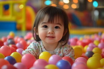 Obraz premium Baby girl smiles in ball pit play area