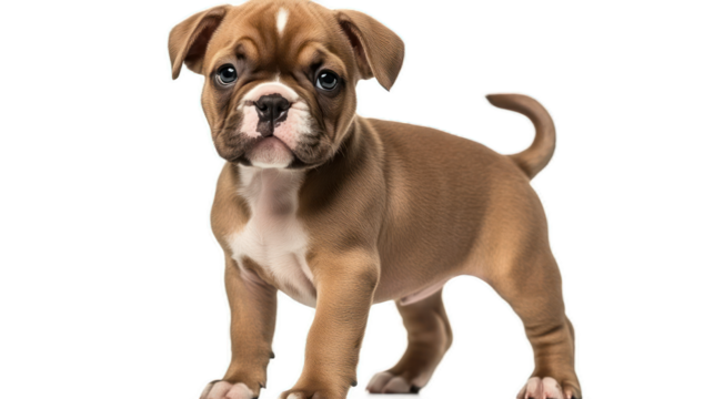 Playful young dog standing confidently on a clean surface, with a blurred garden background