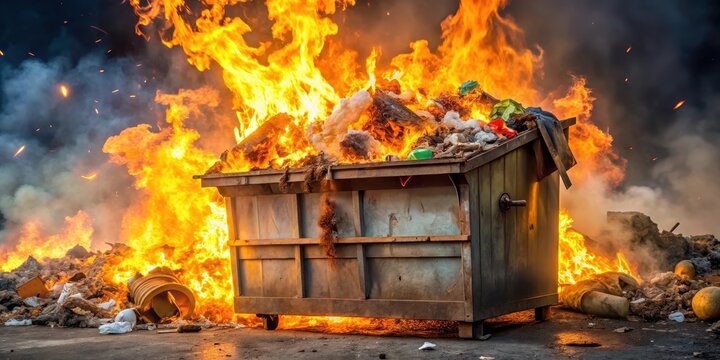 A dumpster fire with flames engulfing a pile of trash and burning debris in the background, ash, inferno,  ash,inferno