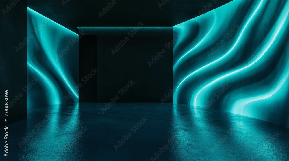 Poster mysterious room with glowing blue wave patterns on black walls