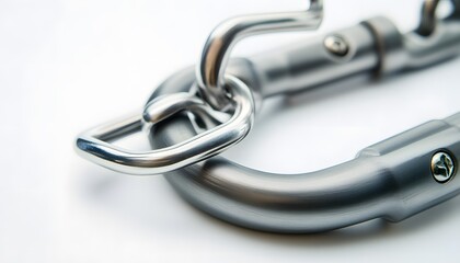 Obraz premium Close up of interlocking metal carabiner components on a white background
