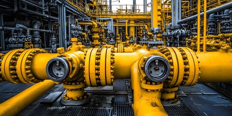 a close-up shot of intricate industrial pipelines, showcasing the complexity of a modern factory. The scene evokes a sense of technological advancement and precision