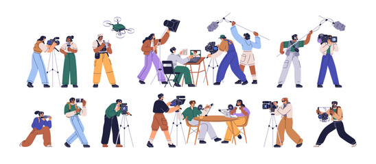 Video production set. Cameraman, operator filming on professional camera. Videographer, movie crew, media team, reporter recording, shooting. Flat vector illustration isolated on white background