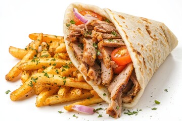 Gyros (Greece) A gyro sandwich wrapped in warm pita bread and filled with juicy slices of pork, tomatoes, red onions