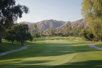 Fototapeta premium Scenic Golf Course with Lush Greenery and Mountain Backdrop