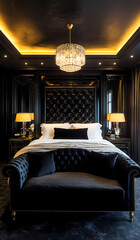 A Hollywood-glam bedroom with a mirrored headboard bed, a black and gold sofa, and dazzling lighting.