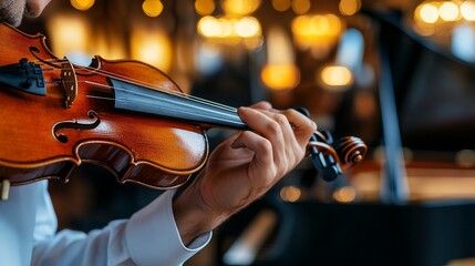 The violinist's skillful hands crafting music with his instrument beautifully