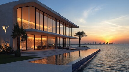 Modern waterfront villa at sunset, showcasing sleek architecture and serene waterside views