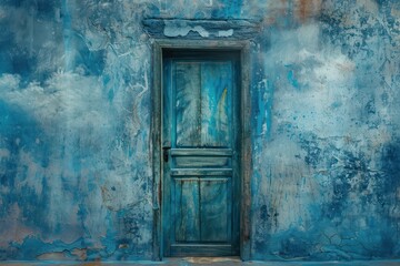 Old wooden door, blue abstract wall color, in the box retro vintage
