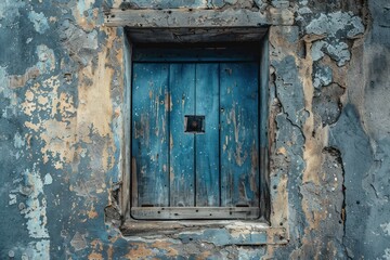 Old wooden door, blue abstract wall color, in the box retro vintage