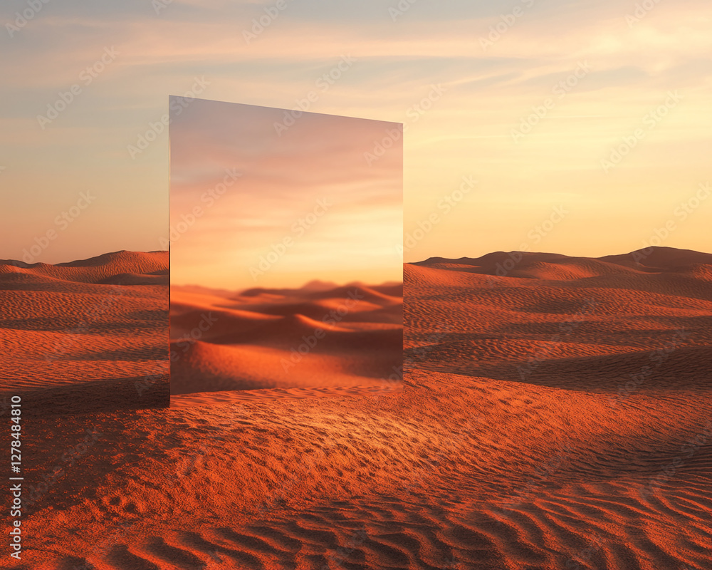 Poster A surreal scene of a large mirror standing in the desert with a reflection of the dunes, symbolizing illusion, reflection, and the contrast between nature and artifice.