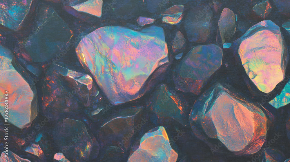 Poster iridescent gemstone wall texture with bright multi-color reflection